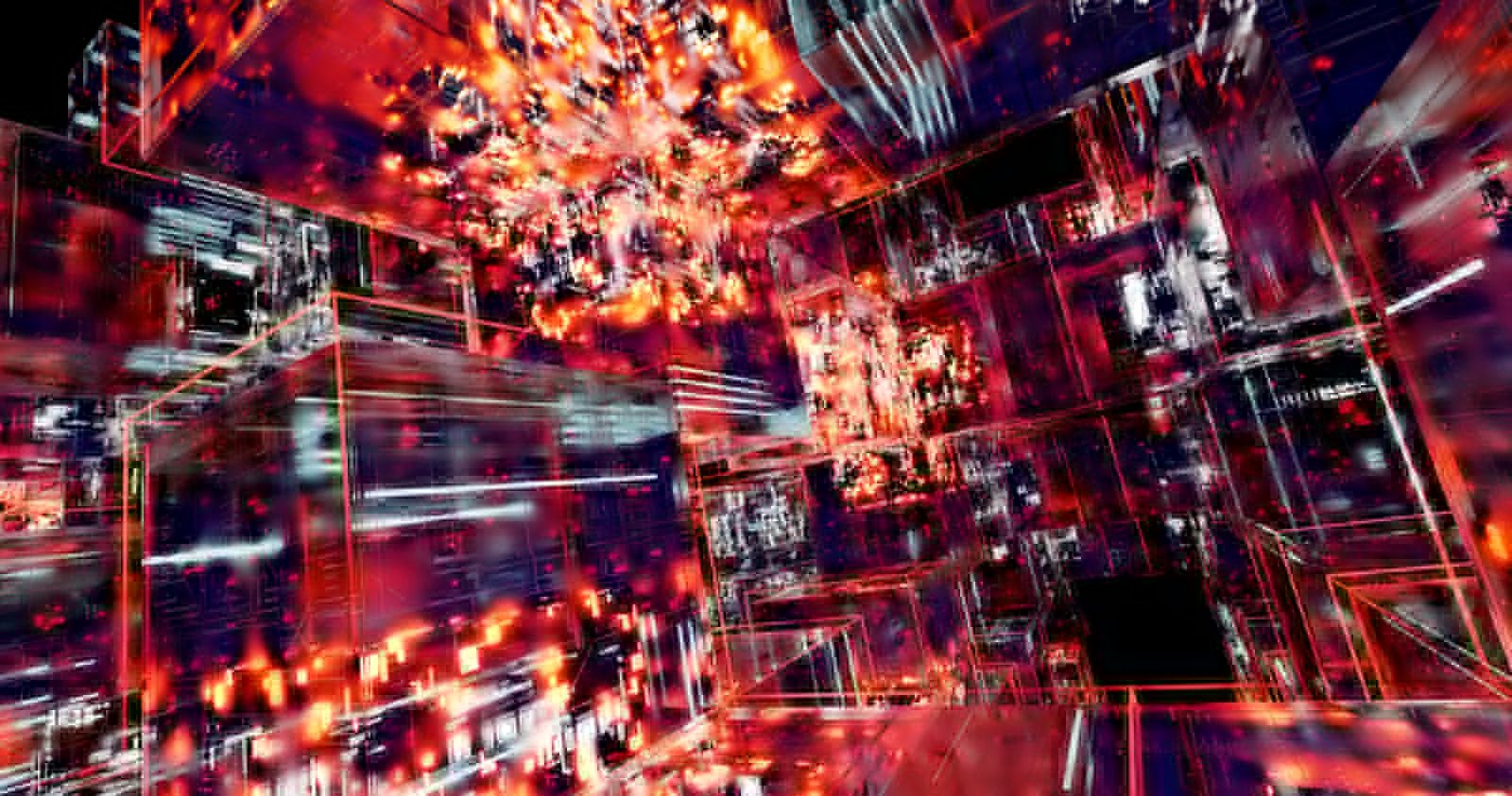 Abstract futuristic technology scene with glowing red-orange lights and layered digital structures.