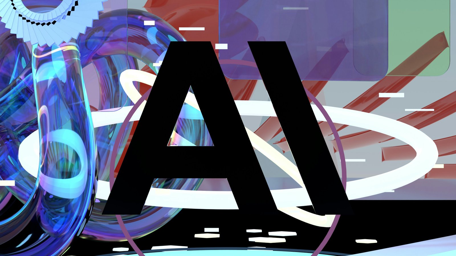 Abstract AI lettering over a colourful digital composition, representing AI inside a CRM workflow.